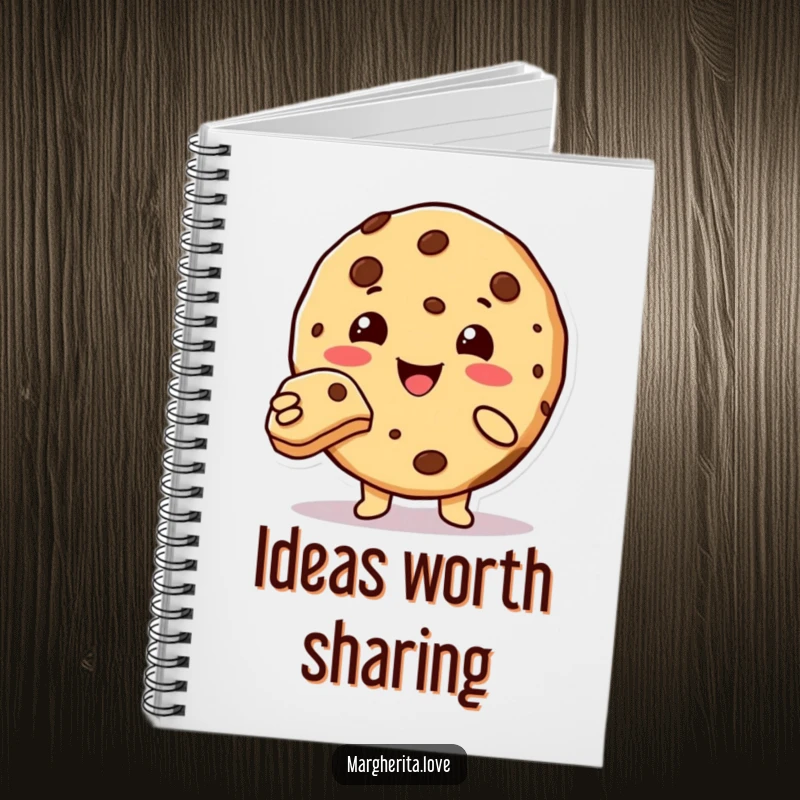 Funny cute cookie character offering a bite, lined notebook.