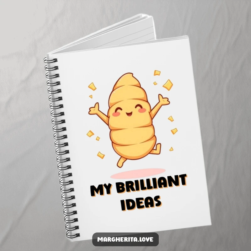 Funny croissant jumper notebook with a cover design of a cheerful pastry doing jumping jacks, perfect for notes.