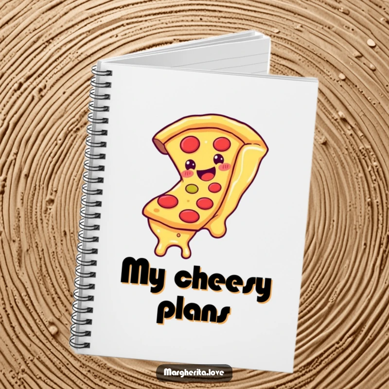 Funny notebook with a smiling pizza slice character sliding down a cheese strand, perfect for jotting down notes with a cheesy smile.