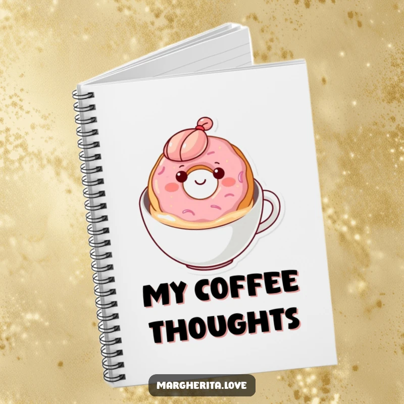 Funny donut coffee notebook with a cover design of a happy donut floating in coffee, perfect for notes and sketches.