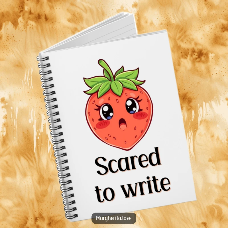 Funny notebook with a shocked, wide-eyed strawberry character, perfect for jotting down funny thoughts.