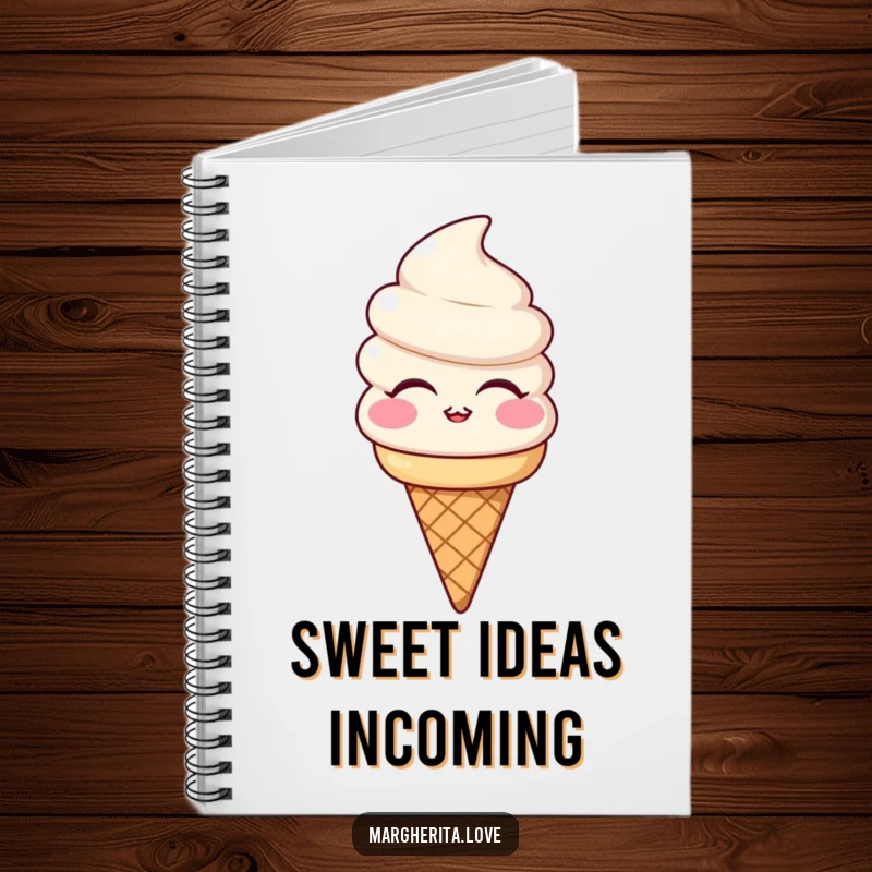 Funny notebook with a smiling ice cream cone character blowing a kiss, ideal for journaling and capturing sweet ideas.