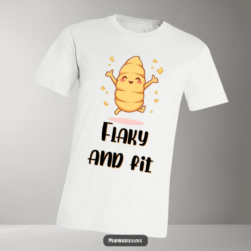 Funny croissant t-shirt featuring a happy pastry character doing jumping jacks, buttery flakes scattered, embodying energetic breakfast joy.