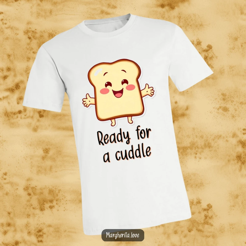 Funny t-shirt with a cheerful, cartoon toast character stretching its arms out for a big, warm hug. A delightful and happy graphic.