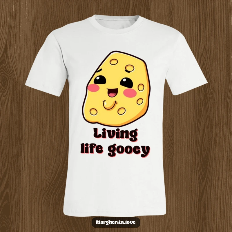 Funny slice of cheese happily melting, embodying resilience on a comfortable t-shirt.