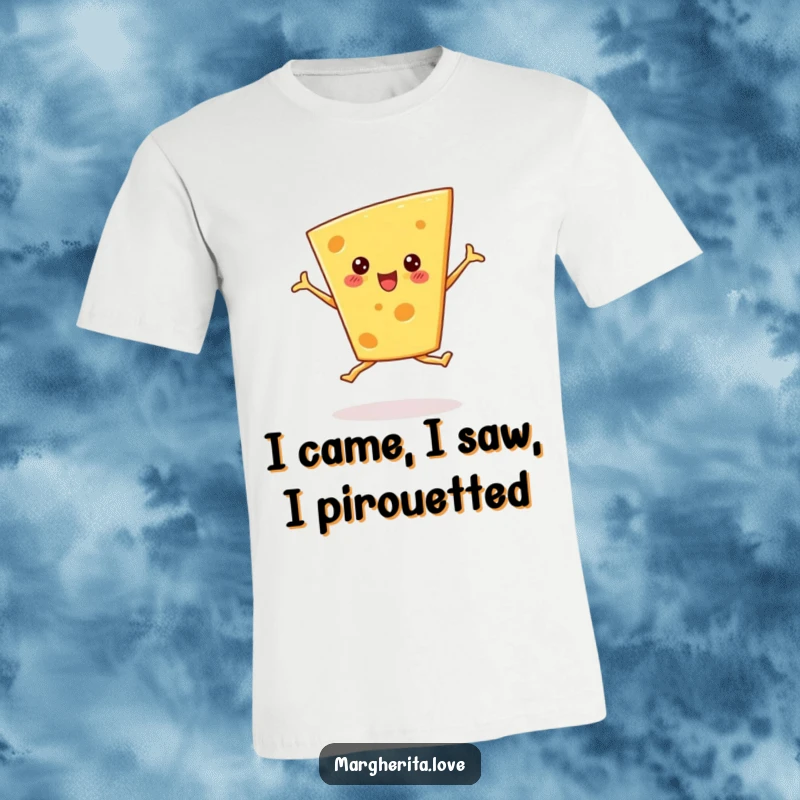 Funny cheese wedge t-shirt performing a cheerful ballet pirouette, ideal for dance enthusiasts and cheese aficionados.