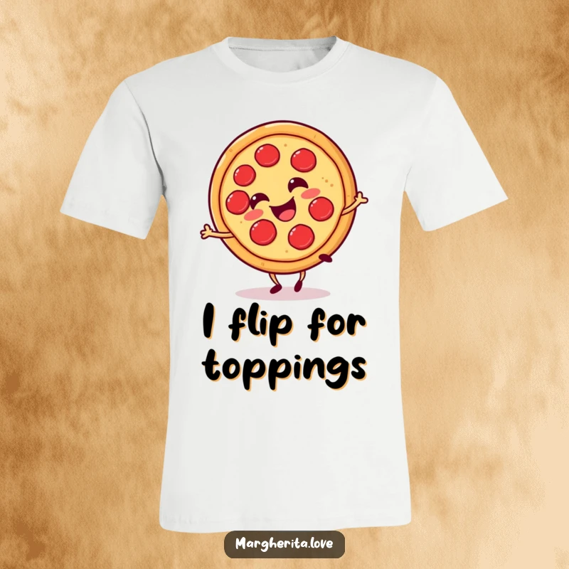 Funny pizza slice cartwheel t-shirt, depicting a happy, smiling pizza slice doing a cartwheel with glee.