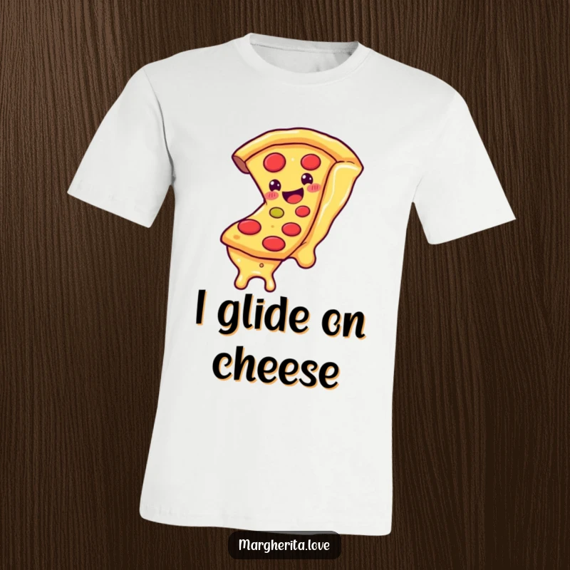 Funny t-shirt depicting a cheerful pizza slice character sliding down a thick strand of melting cheese, a truly cheesy spectacle.