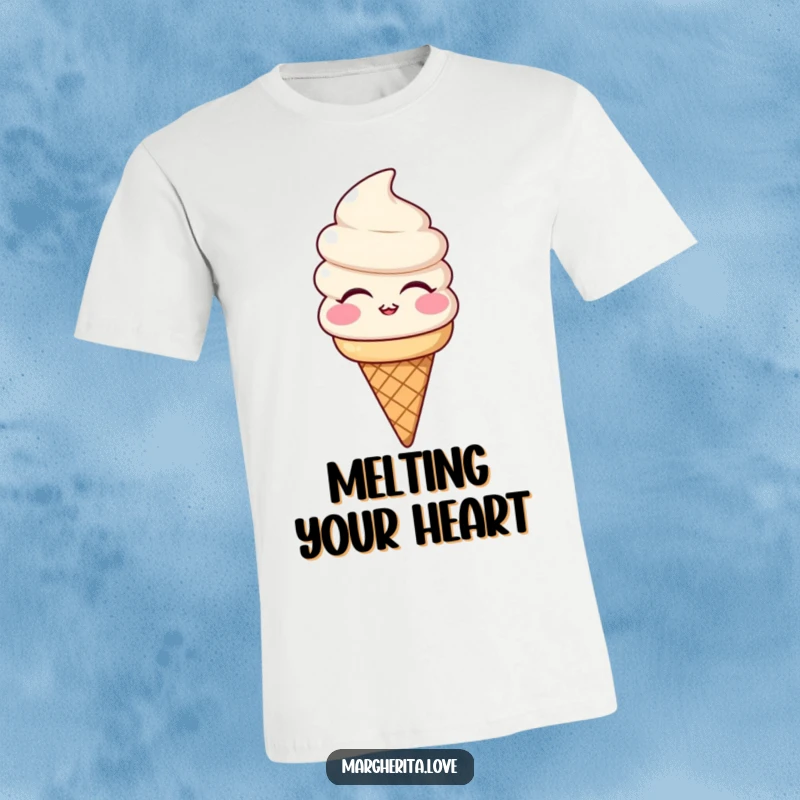 Funny t-shirt showcasing a smiling ice cream cone character blowing a kiss, perfect for summer and casual wear.