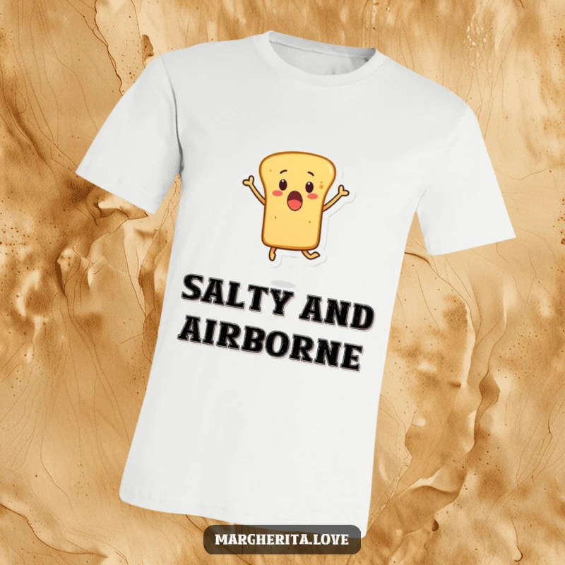 Funny t-shirt depicting a surprised breadstick character mid-leap, conveying a sense of playful shock and bakery humor.