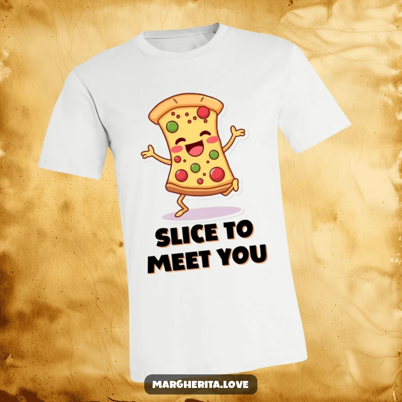 Funny pizza slice t-shirt featuring a character with legs dancing joyfully, toppings in motion, embodying comedic pizza celebration.
