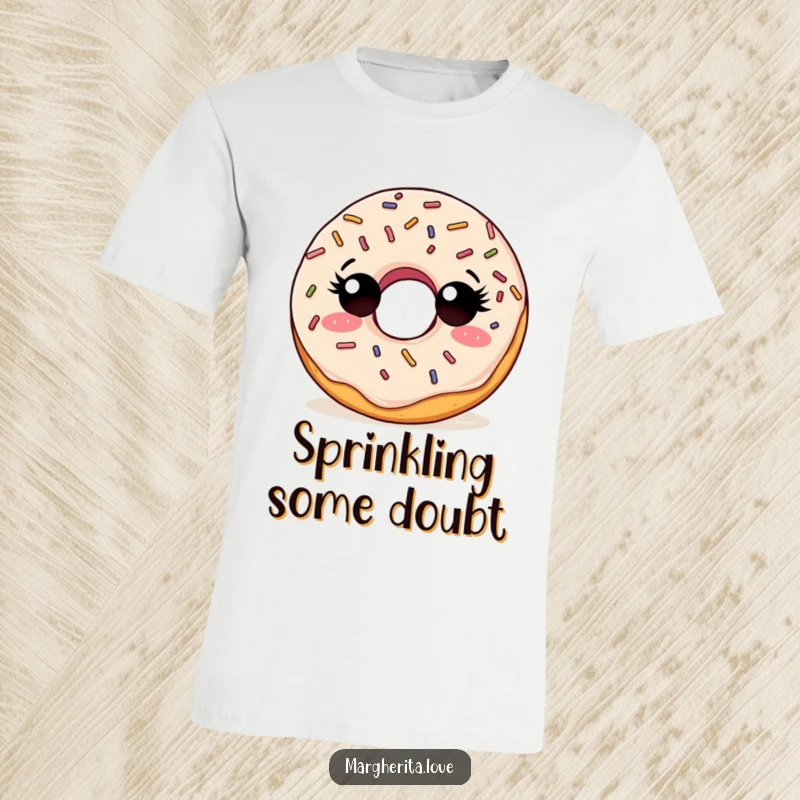 Funny T-shirt showcasing a curious doughnut with sprinkles, looking around with an inquisitive expression.