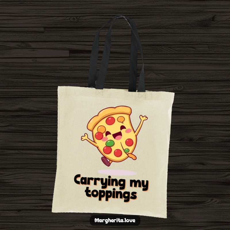 Funny pizza slice character performing a cartwheel, on a durable and humorous tote bag for everyday use.