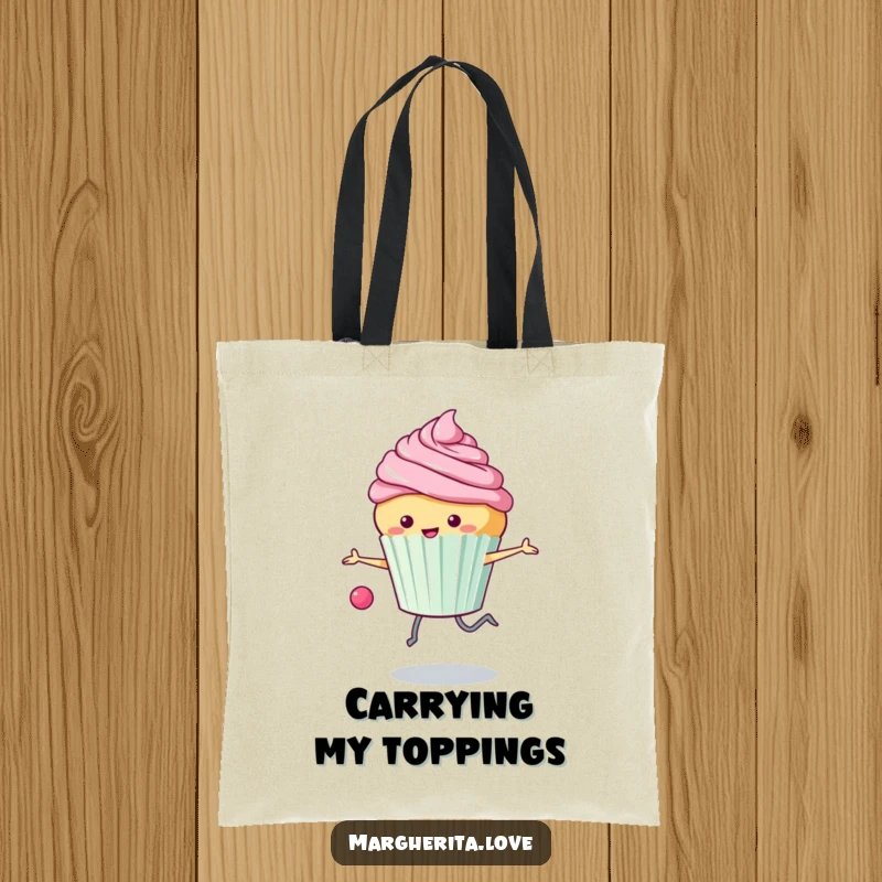 Funny tote bag: A happy cupcake skips rope, frosting artfully flying, a charming and humorous accessory.