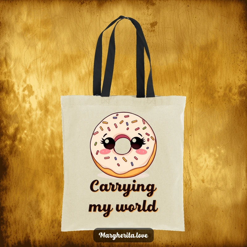 Funny tote bag with a curious doughnut character, adorned with sprinkles, perfect for carrying discoveries.