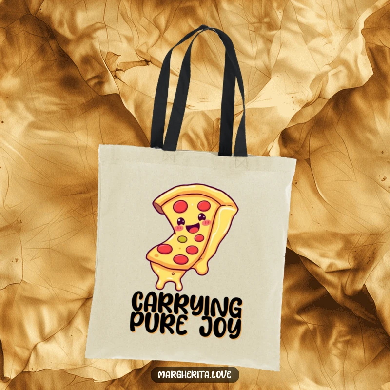 Funny tote bag with a smiling pizza slice character sliding down a cheese strand, perfect for carrying groceries with a cheesy flair.