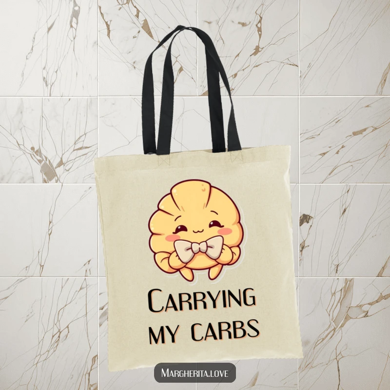 Funny tote bag with a curious croissant character in a dramatic, theatrical bow, a stylish and humorous accessory for carrying essentials.