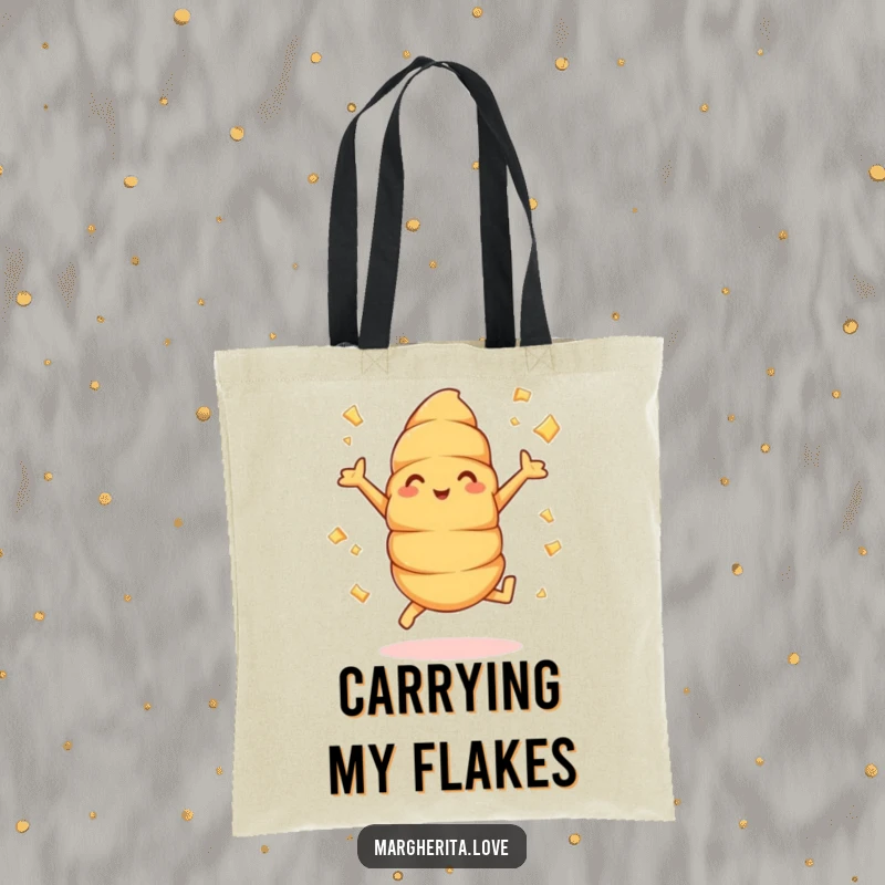 Funny croissant jumper tote bag showcasing a cheerful pastry doing jumping jacks, with buttery flakes flying, perfect for carrying essentials.
