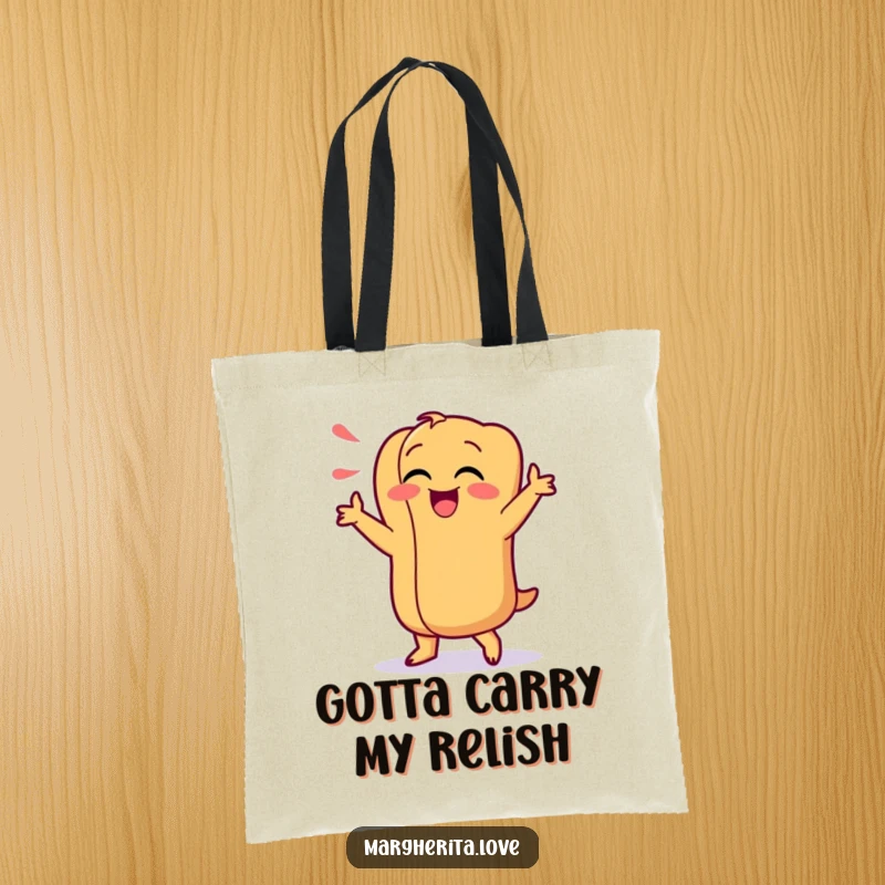 Funny tote bag with a giggling hot dog character doing a silly dance, a cheerful and practical accessory for everyday use.