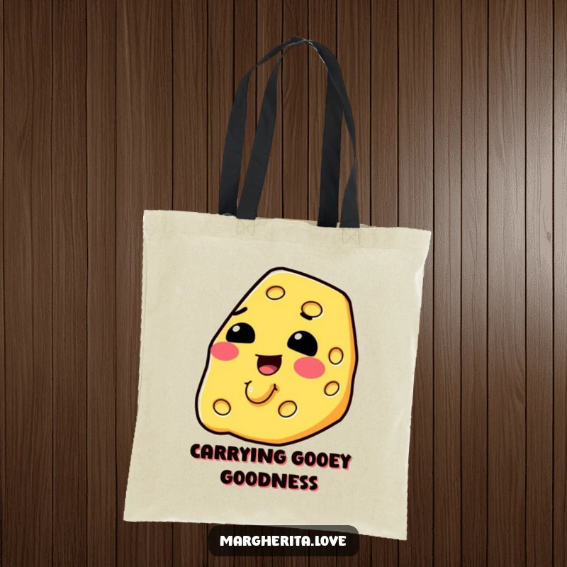 Funny slice of cheese melting happily on a stylish and practical tote bag.