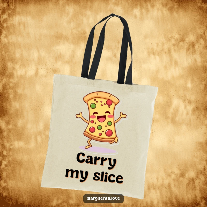 Funny pizza dancer tote bag showcasing a cheerful slice with legs kicking, toppings scattered, embodying comedic pizza joy.
