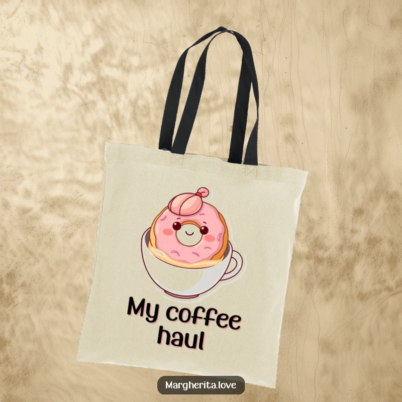 Funny donut floater tote bag showcasing a happy donut bobbing in coffee, perfect for carrying essentials with a smile.